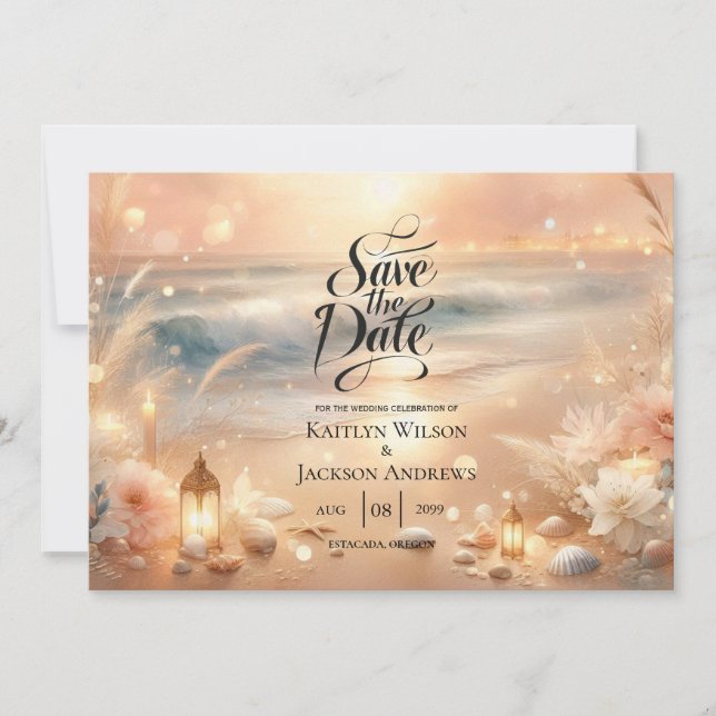 Seaside Sparkle and Sunset Dreams Wedding Save The Date (Front)