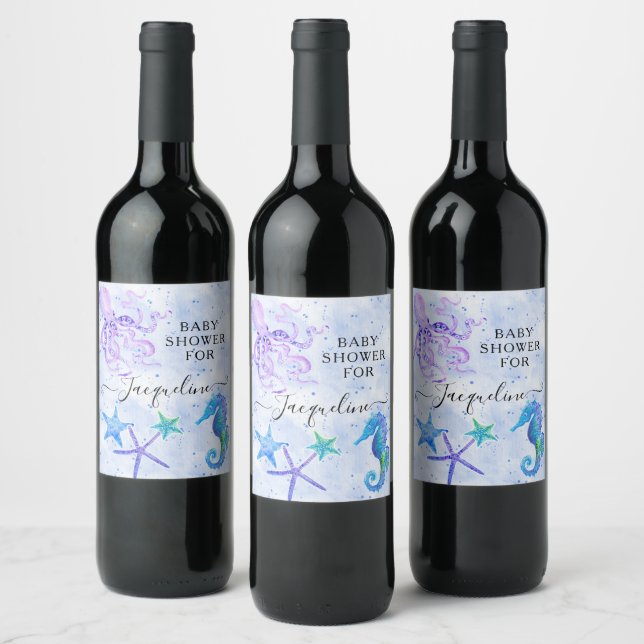 Seaside Starfish Seahorse Octopus Blue Baby Shower Wine Label (Bottles)
