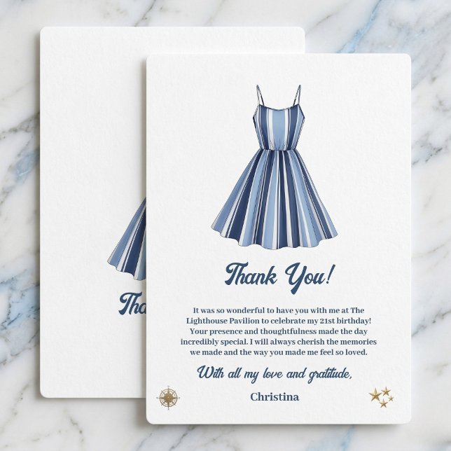 Seaside Stripes Celebration Birthday    Thank You Card (Coastal chic birthday gratitude cards.)