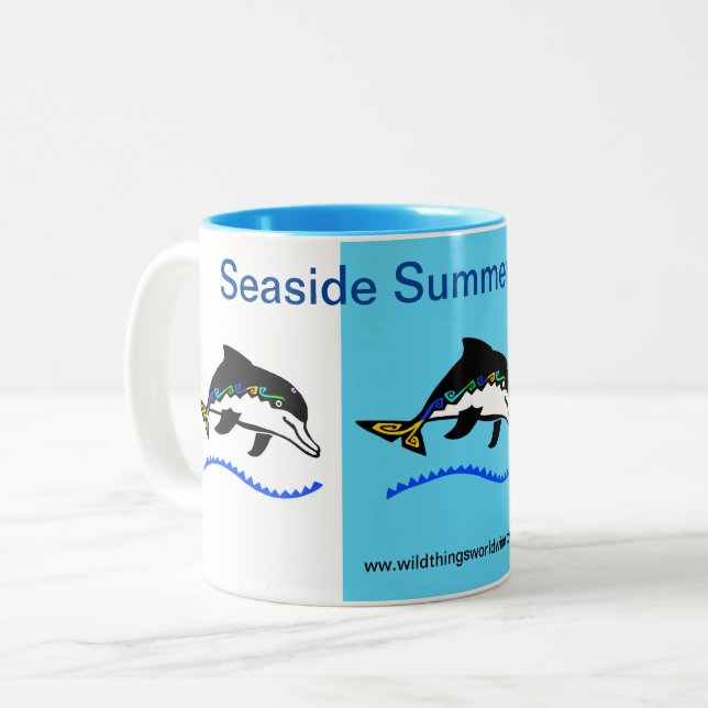 Seaside Summer Holiday  - Dolphin - Blue Two-Tone Coffee Mug (Front Left)