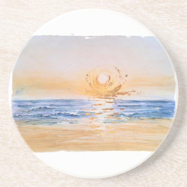 Seaside Sunrise – Watercolor Seascape Painting wit Coaster (Front)