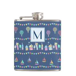 Seaside Town Sail Boats and Bunting Monogram Hip Flask