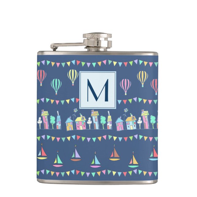 Seaside Town Sail Boats and Bunting Monogram Hip Flask (Front)