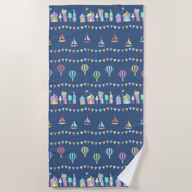 Seaside Town Sail Boats and Bunting Pattern Beach Towel (Front)