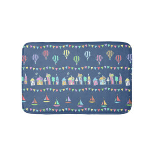 Seaside Town Sail Boats and Bunting Pattern Blue Bath Mat