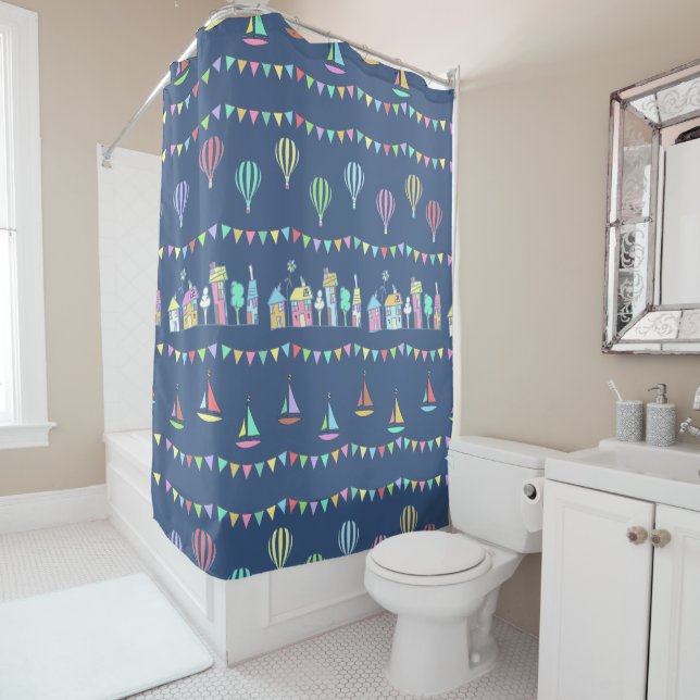 Seaside Town Sail Boats and Bunting Pattern Blue Shower Curtain (In Situ)