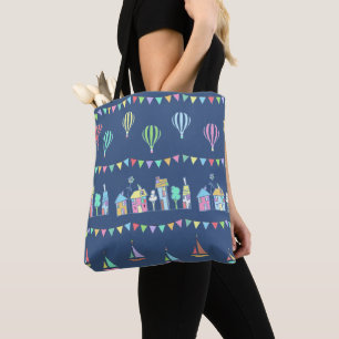 Seaside Town Sail Boats and Bunting Pattern Blue Tote Bag