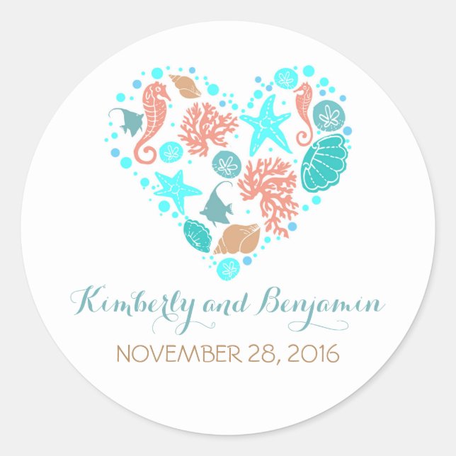 Seaside Treasures Pearls Heart Nautical Wedding Classic Round Sticker (Front)