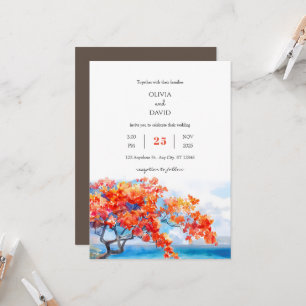 Seaside Tropical Flame Tree Blossoms Beach Wedding Invitation