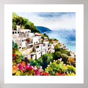 SEASIDE VILLAGE OLD WORLD ARCHITECTURE WATERCOLOR POSTER