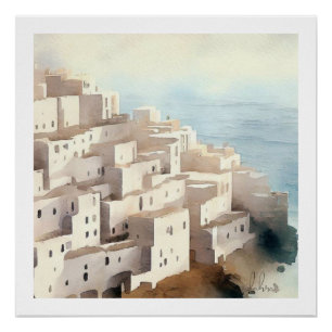 SEASIDE VILLAGE OLD WORLD ARCHITECTURE WATERCOLOR POSTER