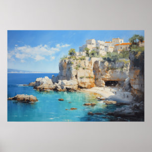 Seaside Village on the Cliffs Oil Painting Poster