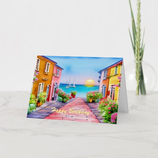 Seaside Village Sunset Watercolor Foil Greeting Card (Front)