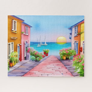 Seaside Village Sunset Watercolor Jigsaw Puzzle