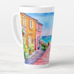 Seaside Village Sunset Watercolor   Latte Mug