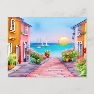 Seaside Village Sunset Watercolor Postcard