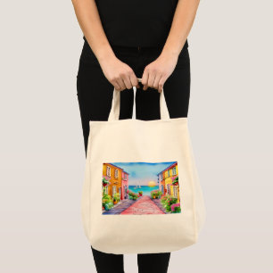 Seaside Village Sunset Watercolor Tote Bag