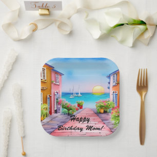Seaside Village Watercolor Custom Party Plates