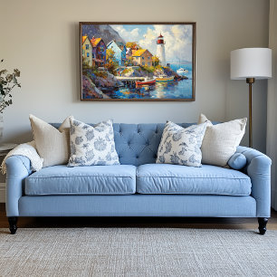 Seaside Village with Colourful Houses & Lighthouse Canvas Print