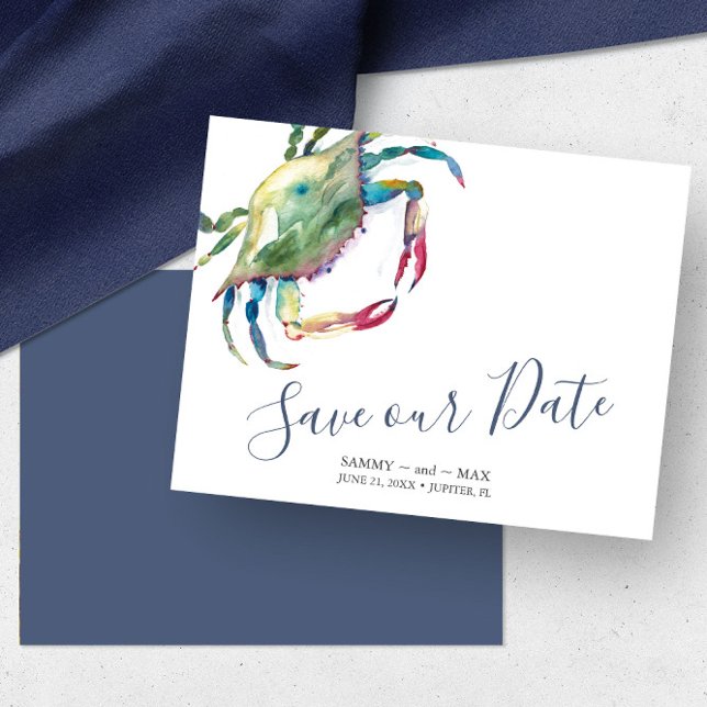Seaside Watercolor Crab Save the Date (Beach wedding save the date card features watercolor blue crab art by Victoria Grigaliunas)