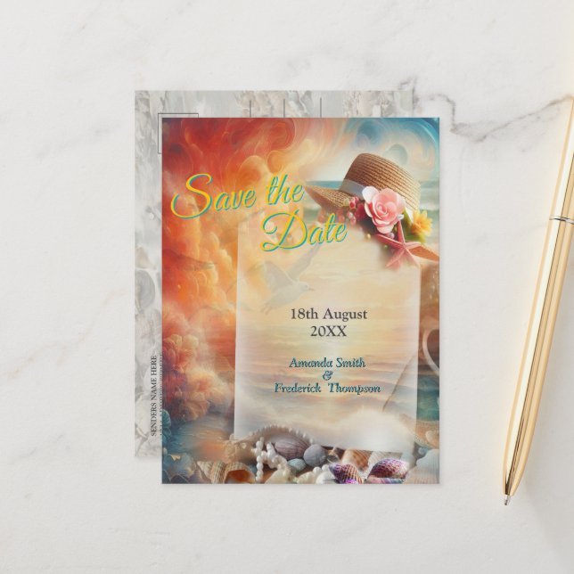 Seaside Wedding Celebrations on the Beach Announcement Postcard (Front/Back In Situ)