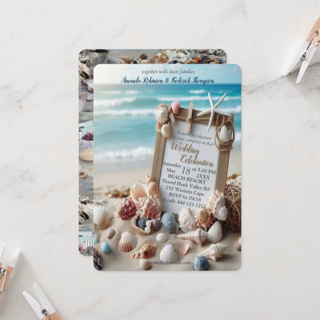 Seaside Wedding Celebrations on the Beach Invitation (Front/Back In Situ)