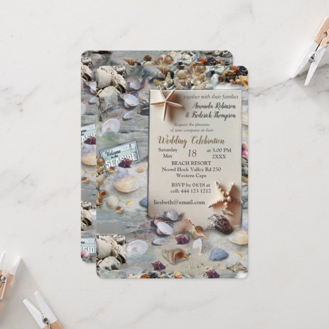 Seaside Wedding Celebrations on the Beach Invitation (Front/Back In Situ)