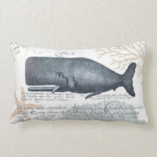 Seaside Whale Collage in Navy and Sand Lumbar Cushion