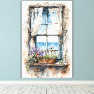 Seaside Window View Watercolor Coastal Scene Canvas Print