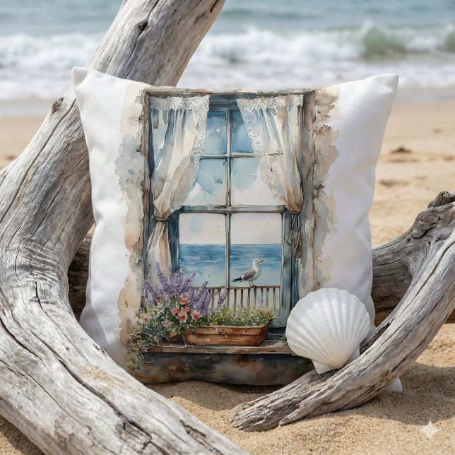 Seaside Window View Watercolor Coastal Scene Cushion (Seaside Window View Watercolor Coastal Scene Throw Pillow Mockup C)