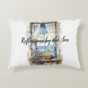Seaside Window View Watercolor Coastal Scene Decorative Cushion