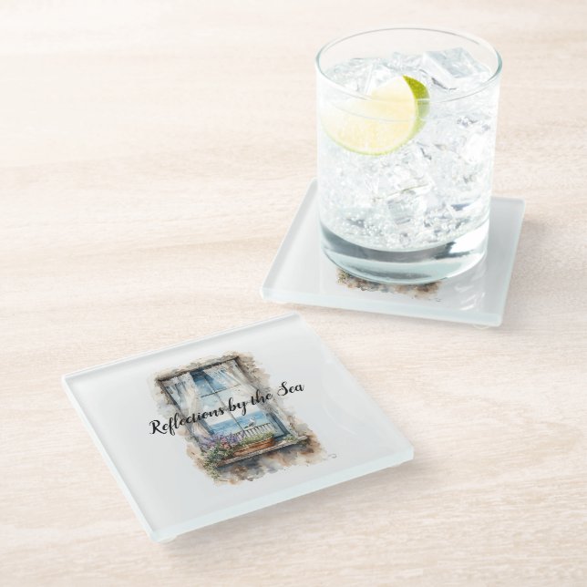 Seaside Window View Watercolor Coastal Scene Glass Coaster (Angled)