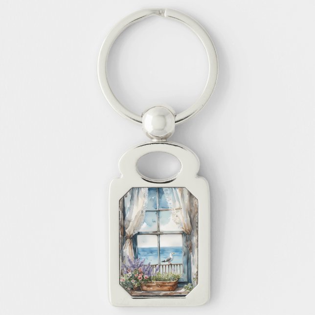 Seaside Window View Watercolor Coastal Scene Key Ring (Front)
