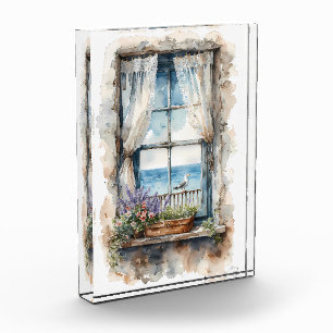 Seaside Window View Watercolor Coastal Scene Photo Block