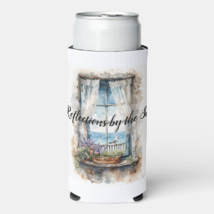 Seaside Window View Watercolor Coastal Scene Seltzer Can Cooler