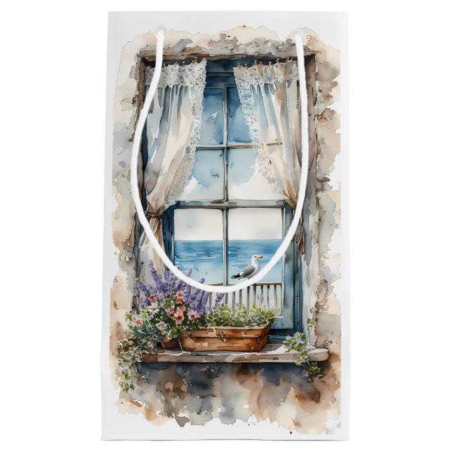 Seaside Window View Watercolor Coastal Scene Small Gift Bag (Front)