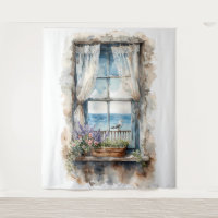 Seaside Window View Watercolor Coastal Scene