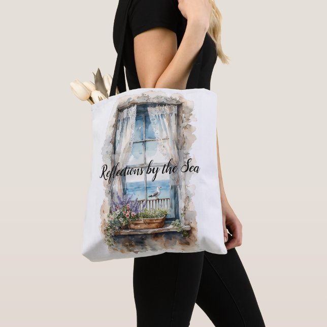 Seaside Window View Watercolor Coastal Scene Tote Bag (Close Up)
