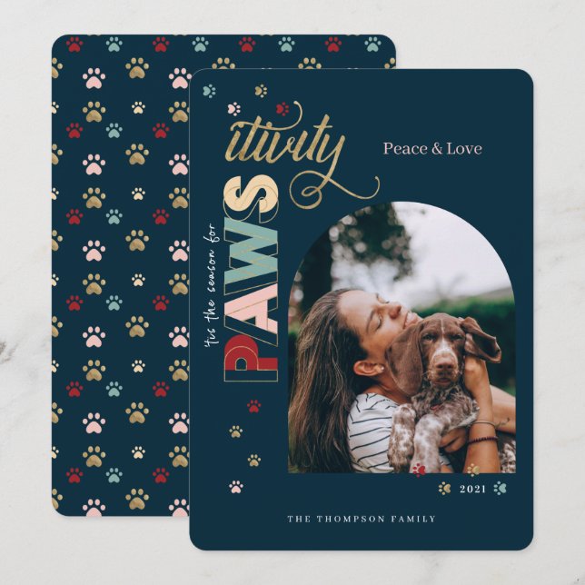 Season For Pawsitivity Fun Navy Blue Pet Dog Photo Holiday Card (Front/Back)