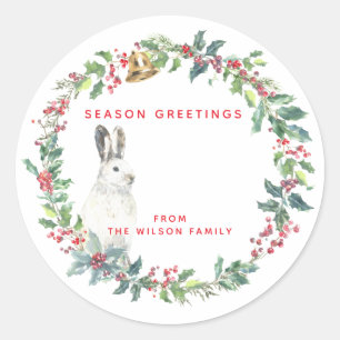 Season Greetings - Holly Wreath w. Hare Christmas  Classic Round Sticker