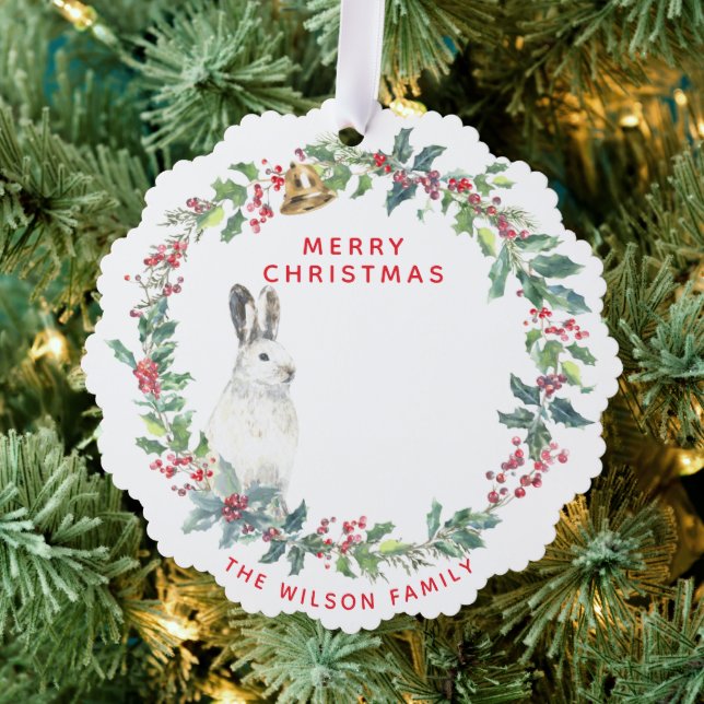 Season Greetings - Holly Wreath w. Hare Christmas Tree Decoration Card (Insitu (Tree))