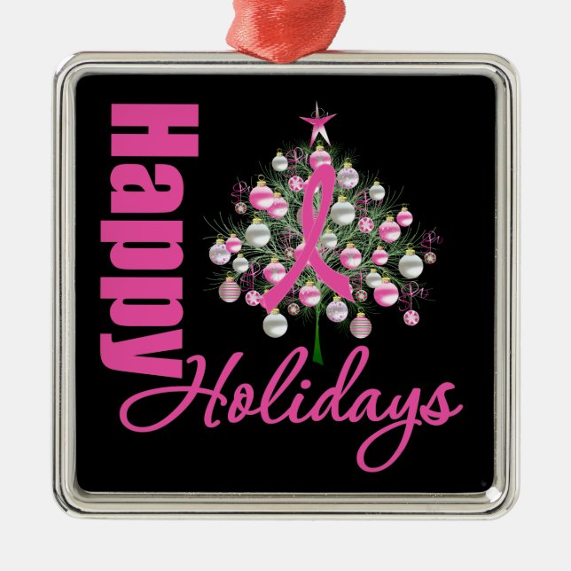 Season Greetings Pink Ribbon - Breast Cancer Metal Tree Decoration (Front)
