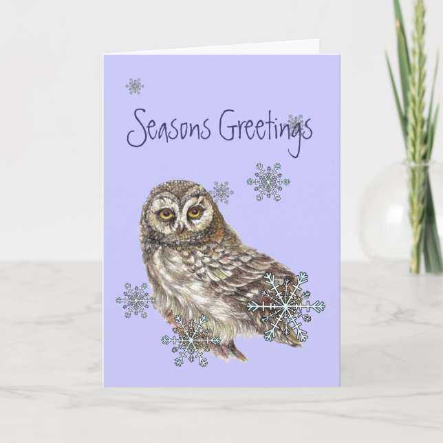 Season Greetings  Snow flakes & Owl Bird Holiday Card (Front)