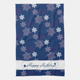 Season Greetings Snowflakes on Navy Blue Tea Towel