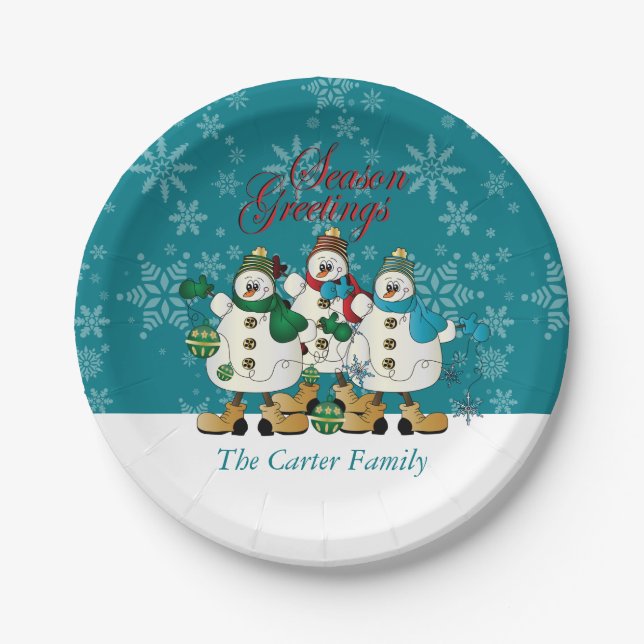 Season Greetings Snowmen Buddies | Christmas Paper Plate (Front)