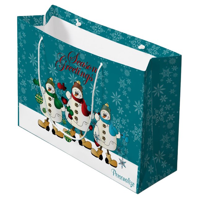 Season Greetings Snowmen Friends | Christmas Large Gift Bag (Front Angled)