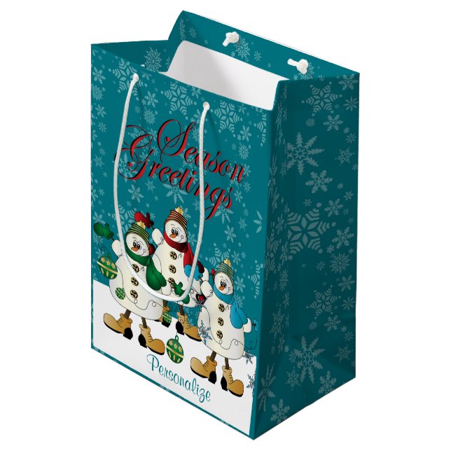 Season Greetings Snowmen Friends | Christmas Medium Gift Bag (Front Angled)