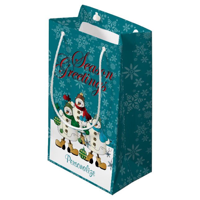 Season Greetings Snowmen Friends | Christmas Small Gift Bag (Front Angled)