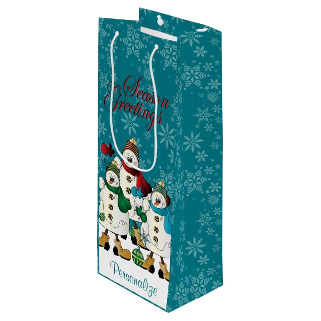 Season Greetings Snowmen Friends | Christmas Wine Gift Bag (Front Angled)