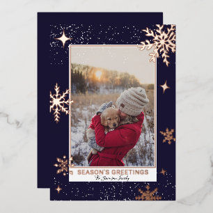 Season greetings stars snow navy blue photo foil holiday card